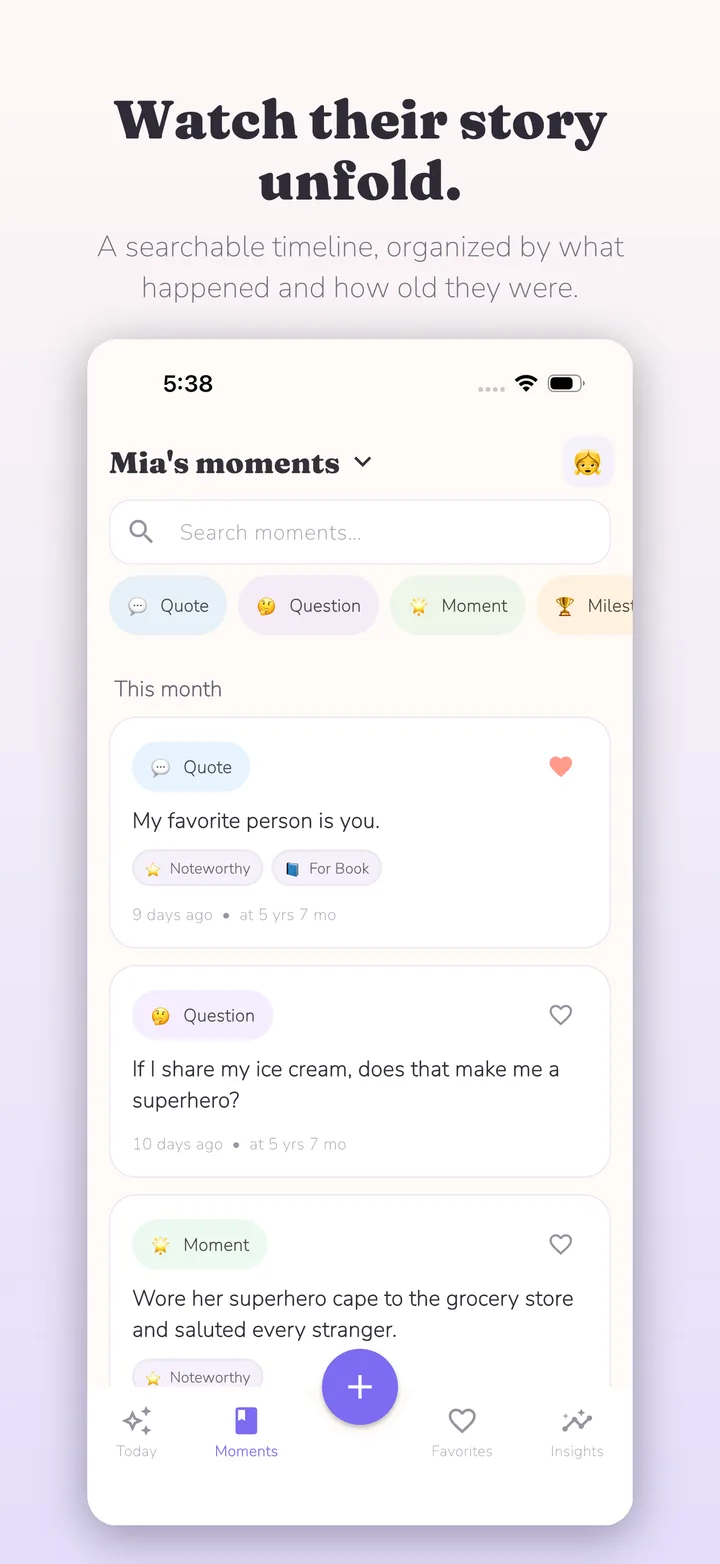 Kiddings timeline with memories organized by age