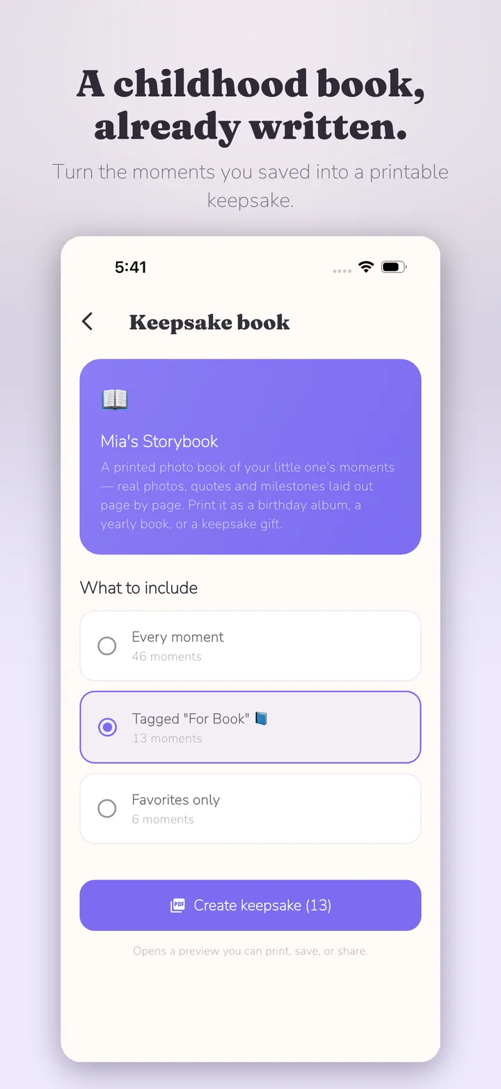 A keepsake book with family photos and childhood stories